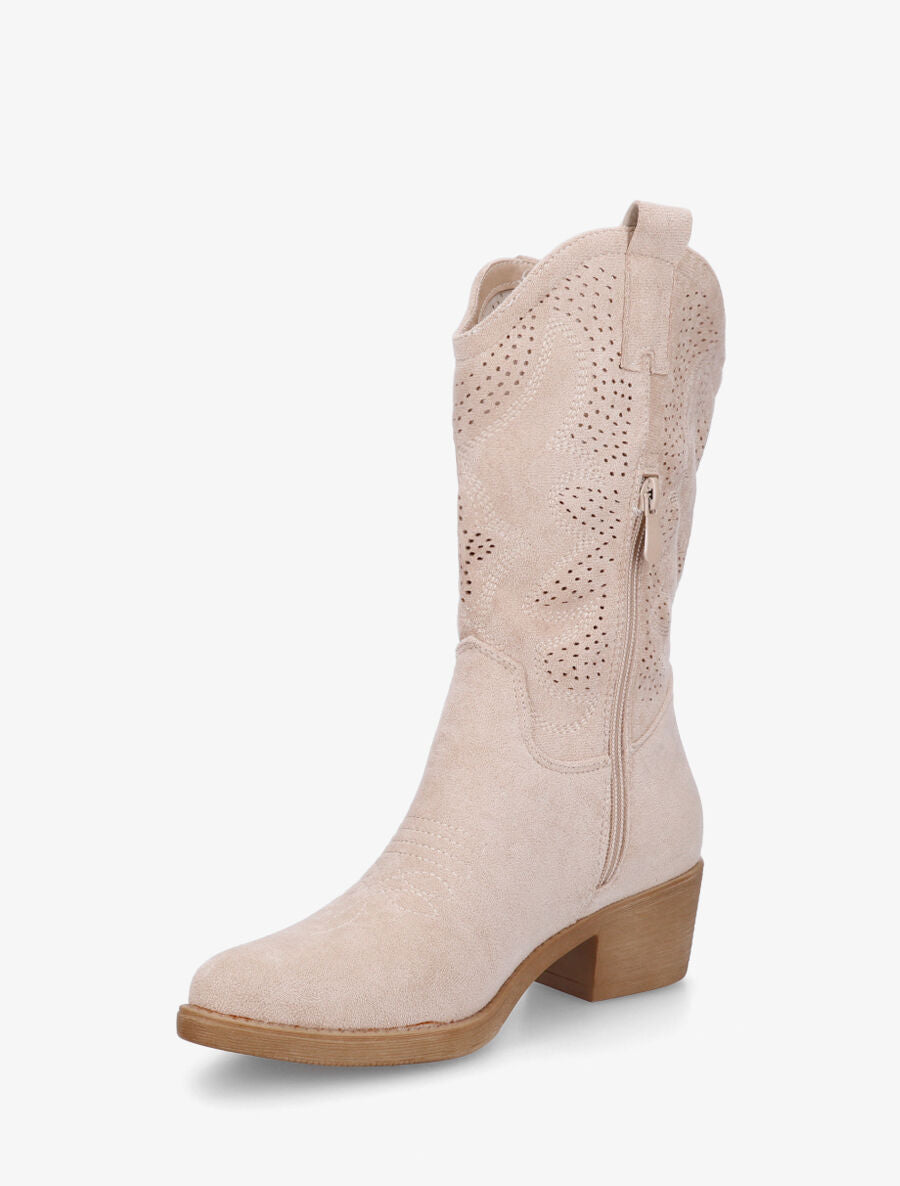 Bottines en suédine ajourées style santiags - Beige - 3