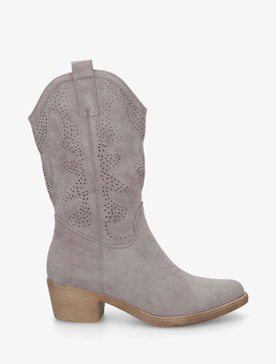 Bottines en suédine ajourées style santiags - Gris - 1