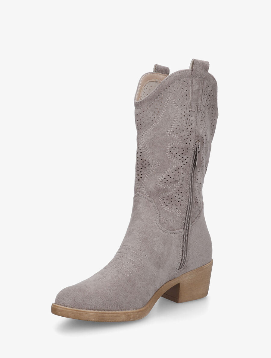 Bottines en suédine ajourées style santiags - Gris - 3