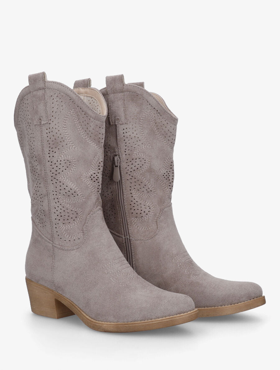 Bottines en suédine ajourées style santiags - Gris - 4