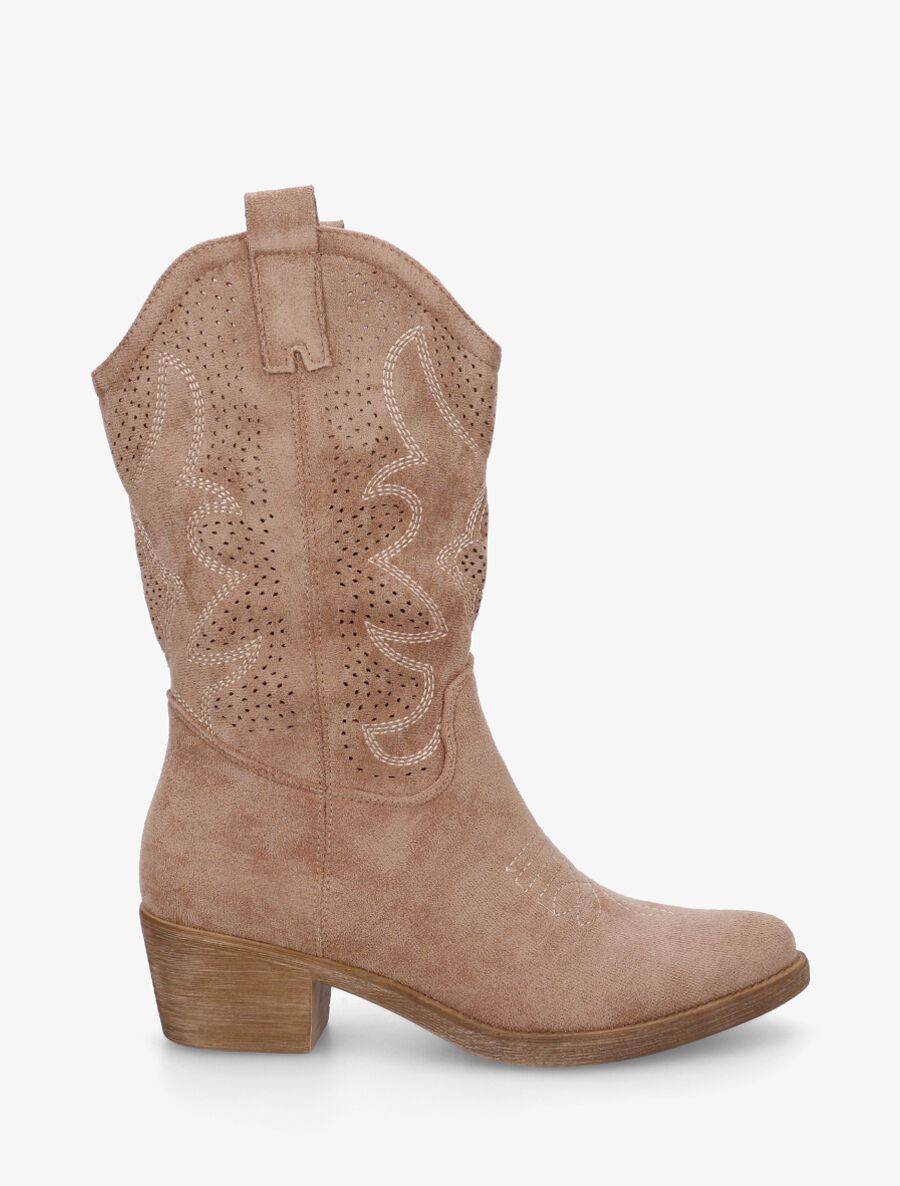 Bottines en suédine ajourées style santiags - Taupe - 1