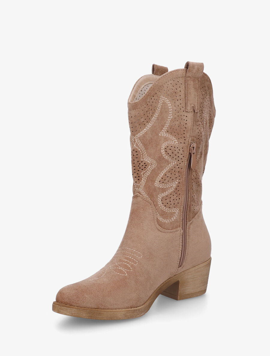 Bottines en suédine ajourées style santiags - Taupe - 3