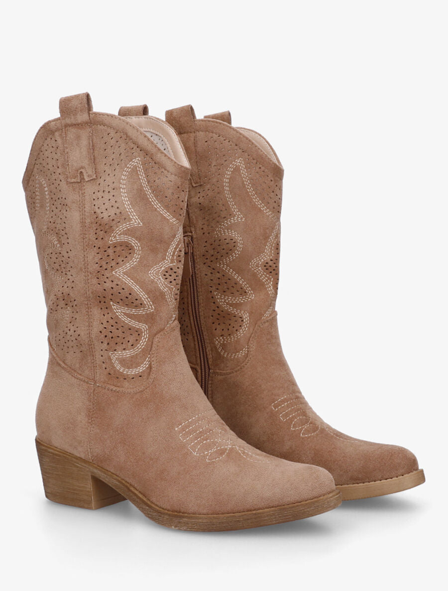Bottines en suédine ajourées style santiags - Taupe - 4