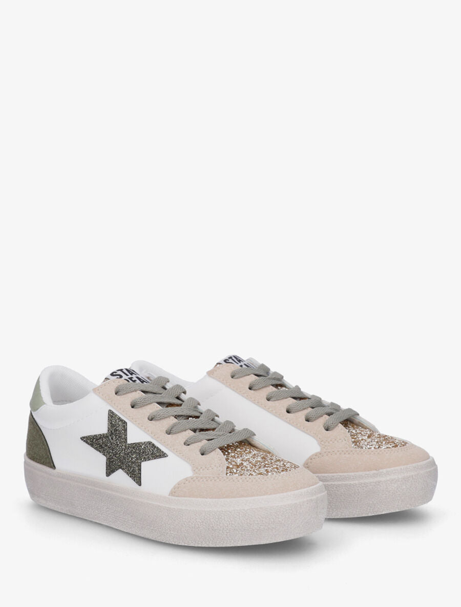 Sneakers bimatière et étoile incrustée - Kaki - 4