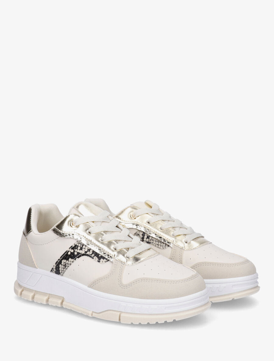 Sneakers en simili à bandes imprimé python - Beige - 4
