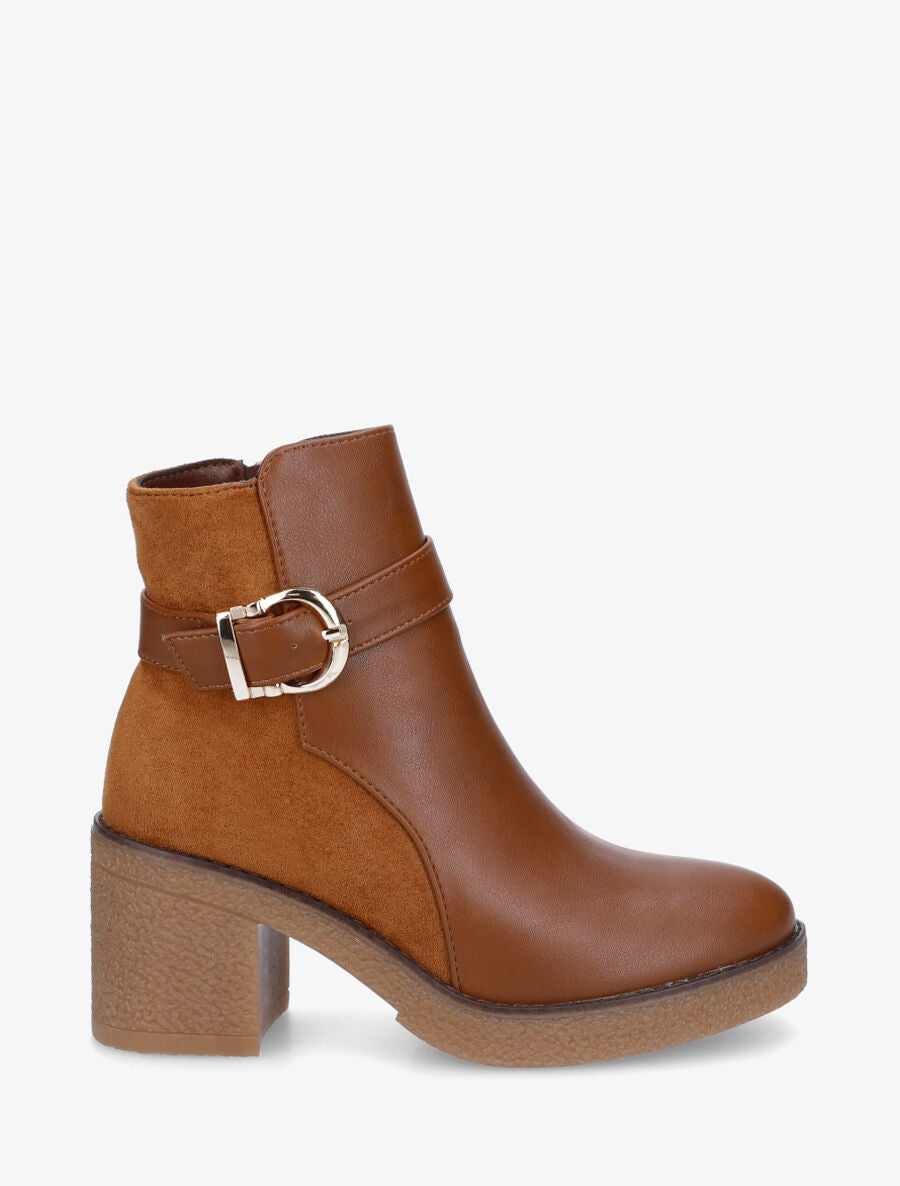 Bottines bi-matière à talon texturé - Camel - 1