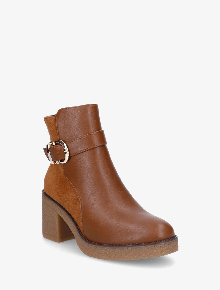 Bottines bi-matière à talon texturé - Camel - 2