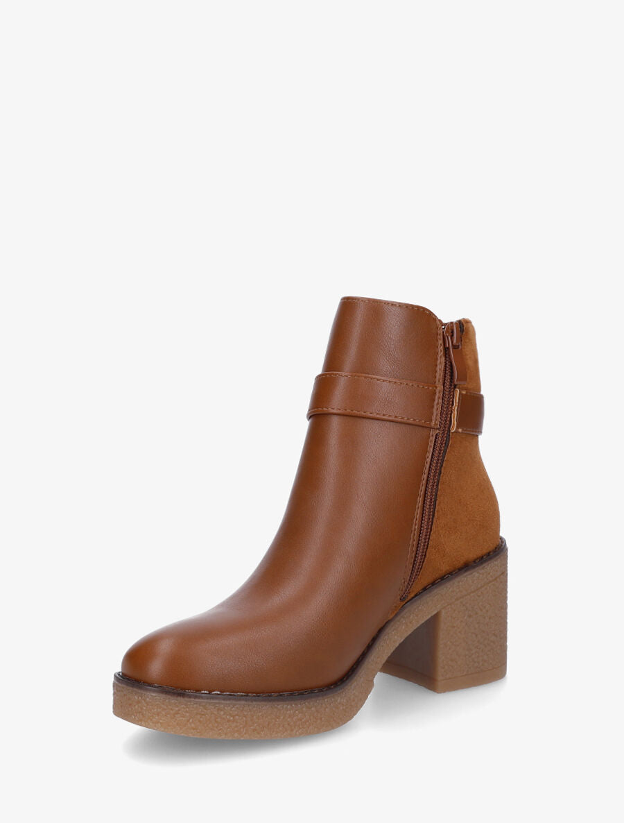 Bottines bi-matière à talon texturé - Camel - 3