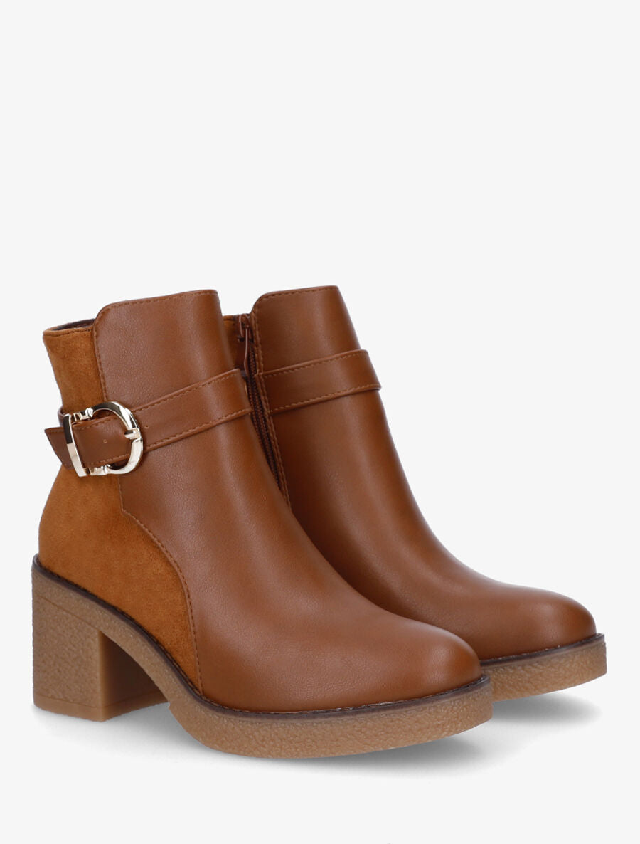 Bottines bi-matière à talon texturé - Camel - 4