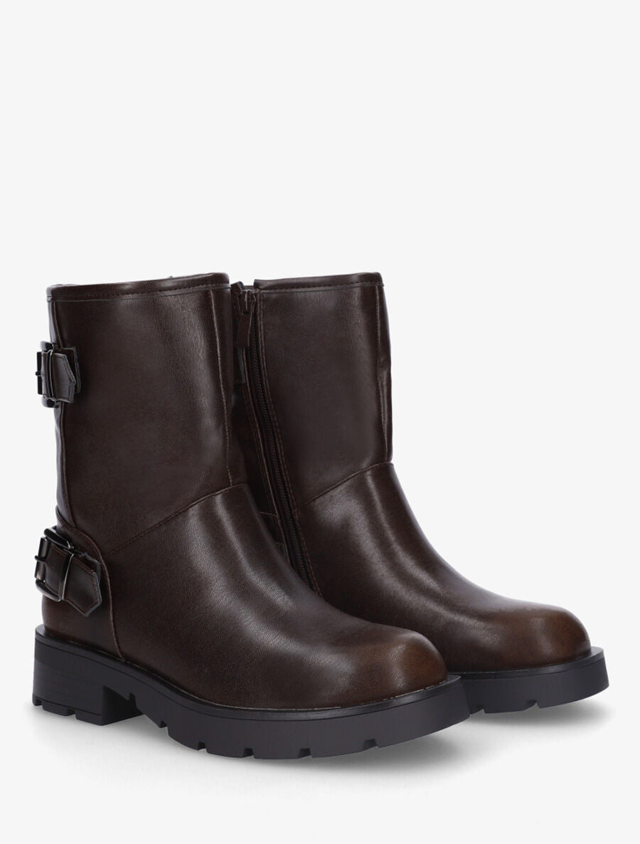 Bottines en simili à double sangles - Marron - 4