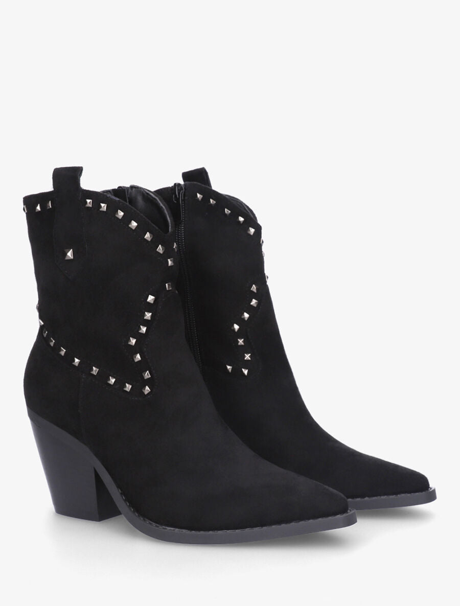 Bottines en suédine style santiags à clous - Noir - 4