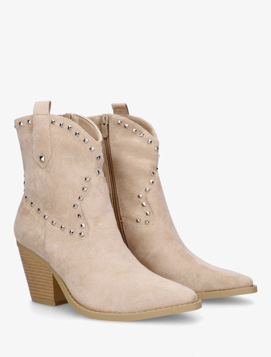 Bottines en suédine style santiags à clous - Beige - 4