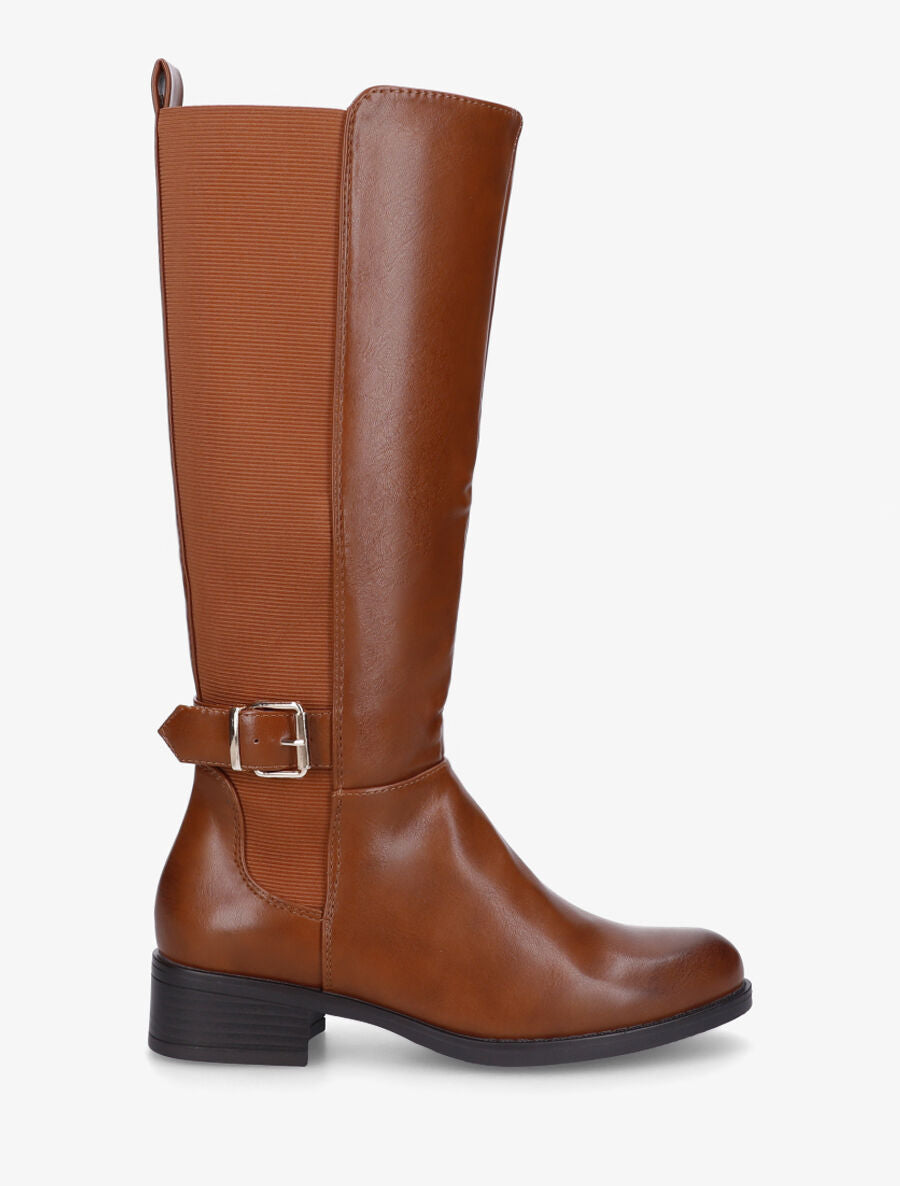 Bottes unies élastiquées et sanglées en simili - Camel - 5