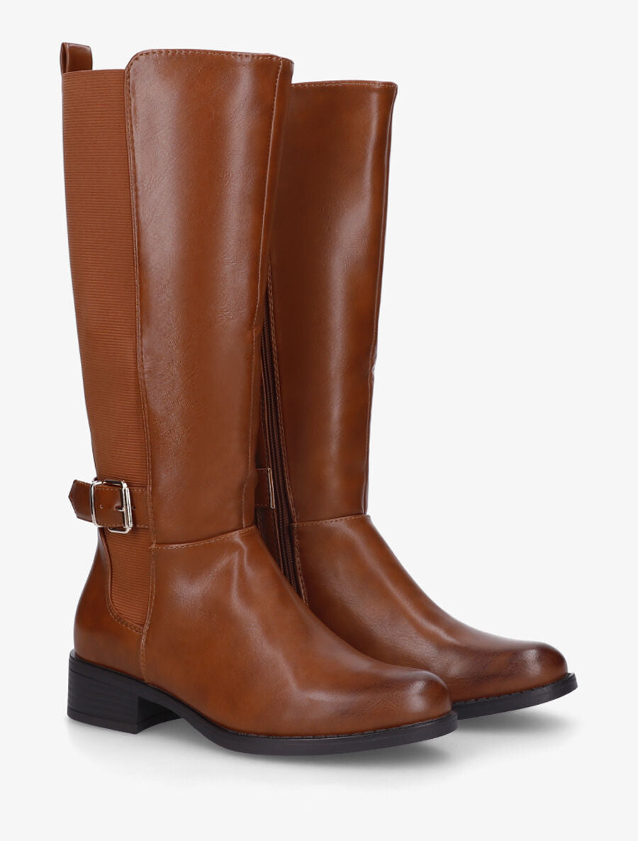 Bottes unies élastiquées et sanglées en simili - Camel - 4
