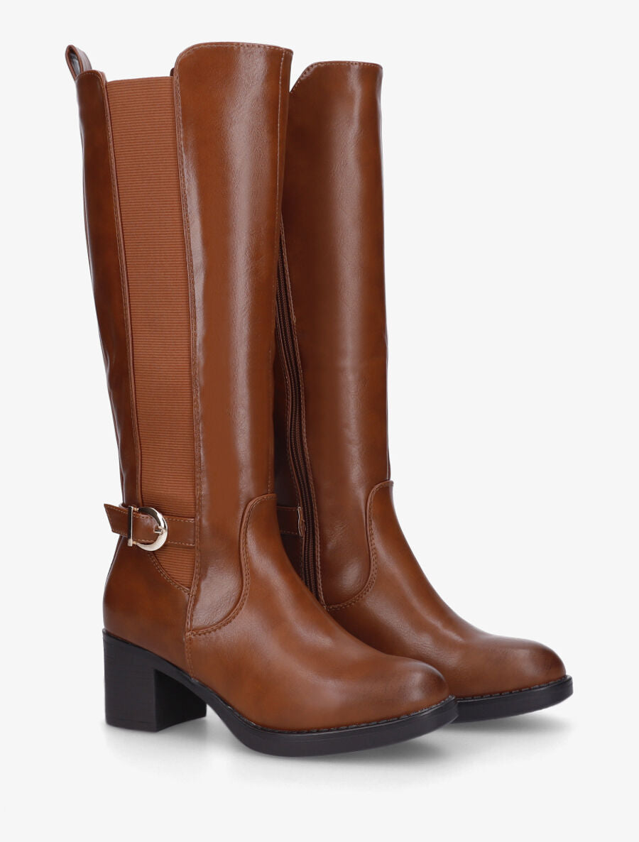 Bottes unies élastiquées en simili - Camel - 4