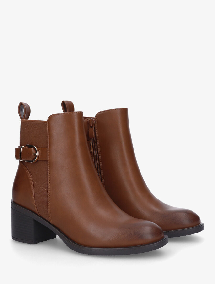 Bottines en simili à talon et bande élastiquée - Camel - 4