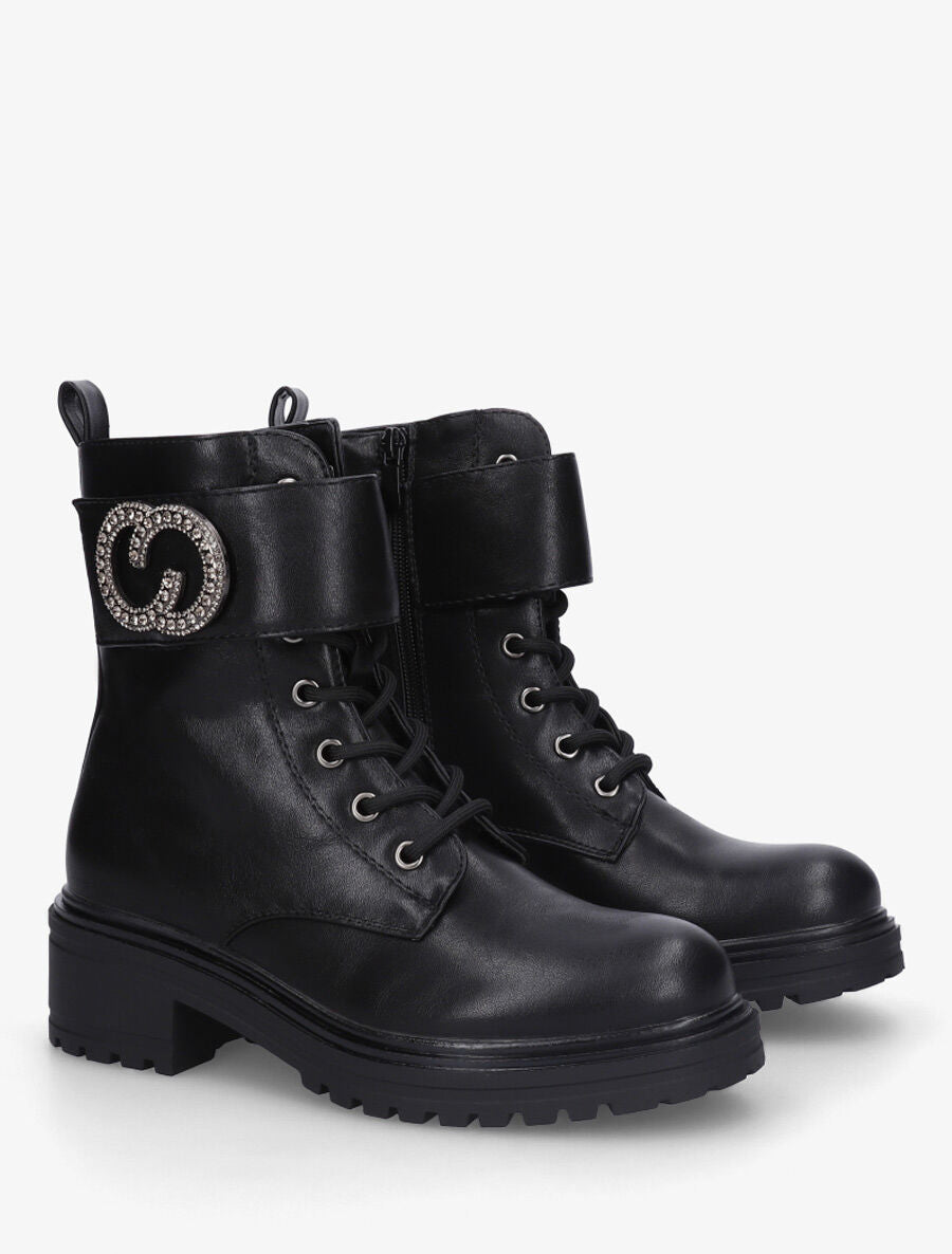 Bottines en simili style rangers à lanière strassée - Noir - 4