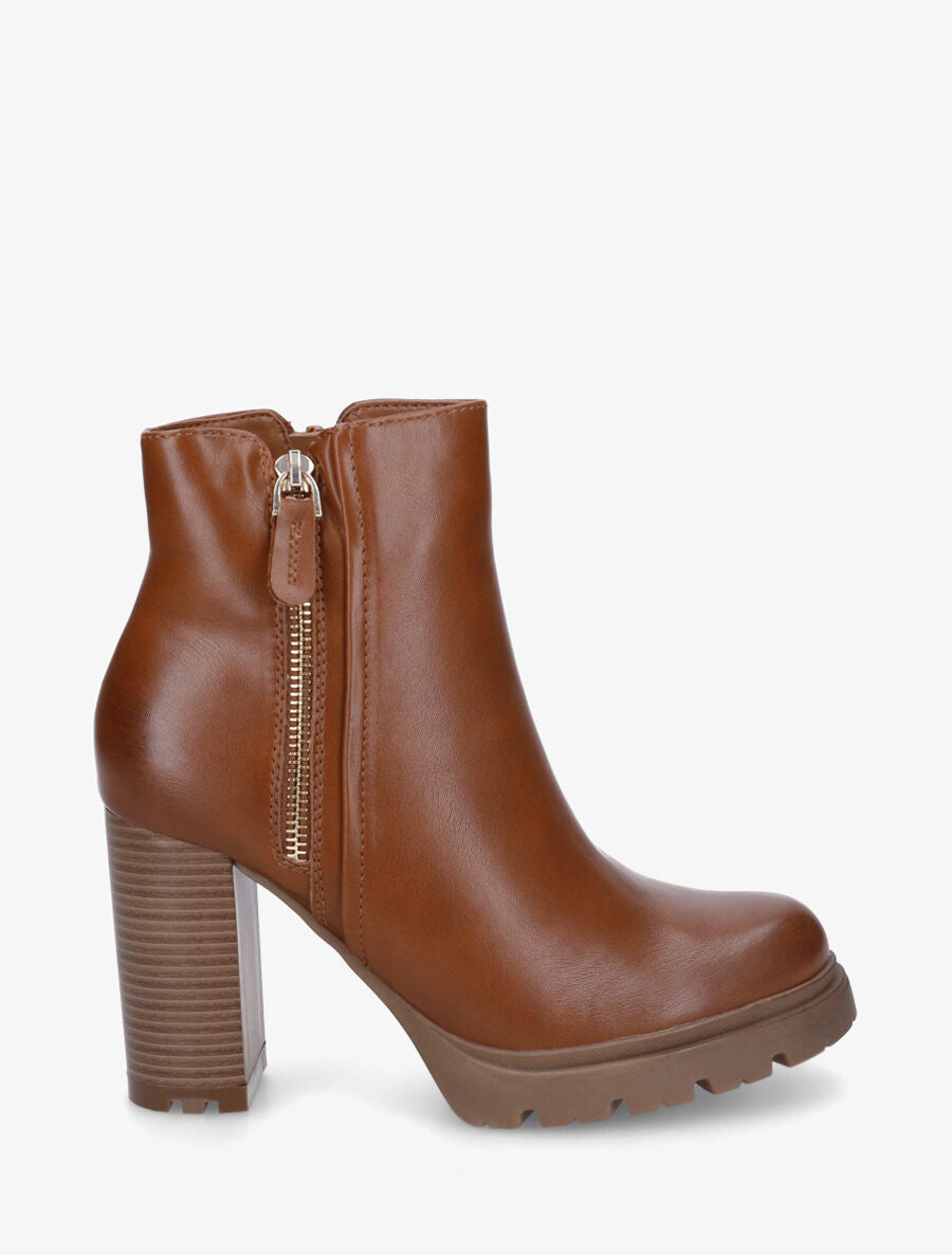 Bottines à talon haut et zip décoratif - Camel - 1