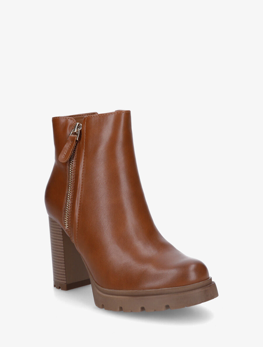 Bottines à talon haut et zip décoratif - Camel - 2