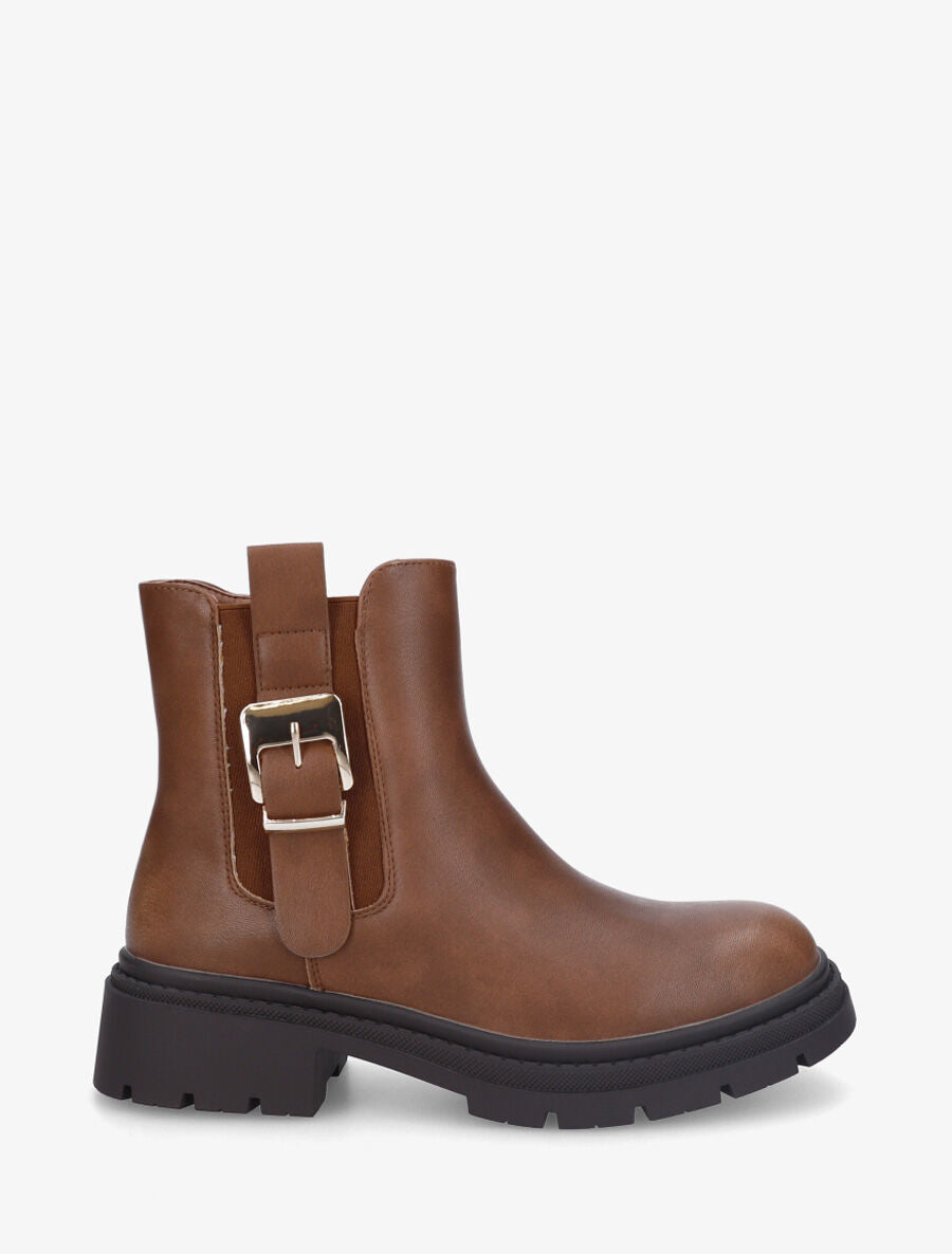 Bottines en simili à cheville élastiquée et sanglé - Marron - 1