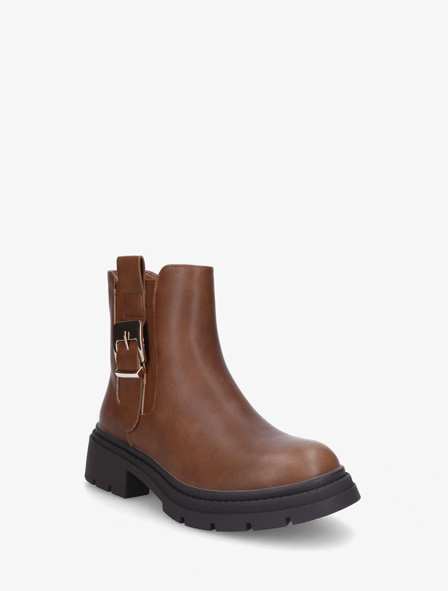 Bottines en simili à cheville élastiquée et sanglé - Marron - 2