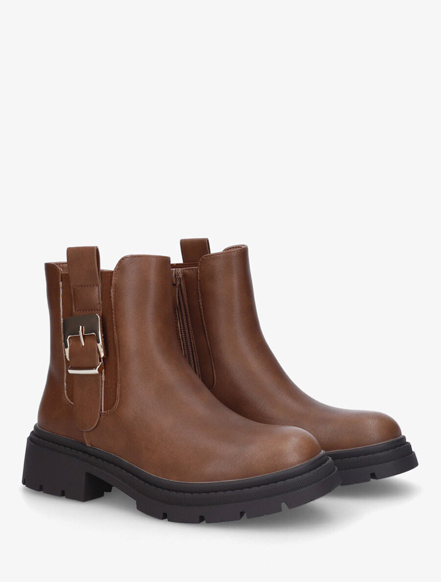 Bottines en simili à cheville élastiquée et sanglé - Marron - 4