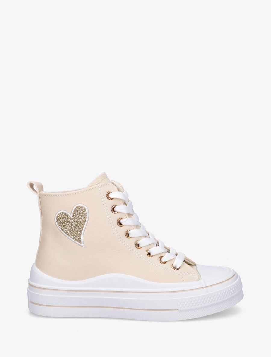 Sneakers en simili à flocage coeur - Beige - 1