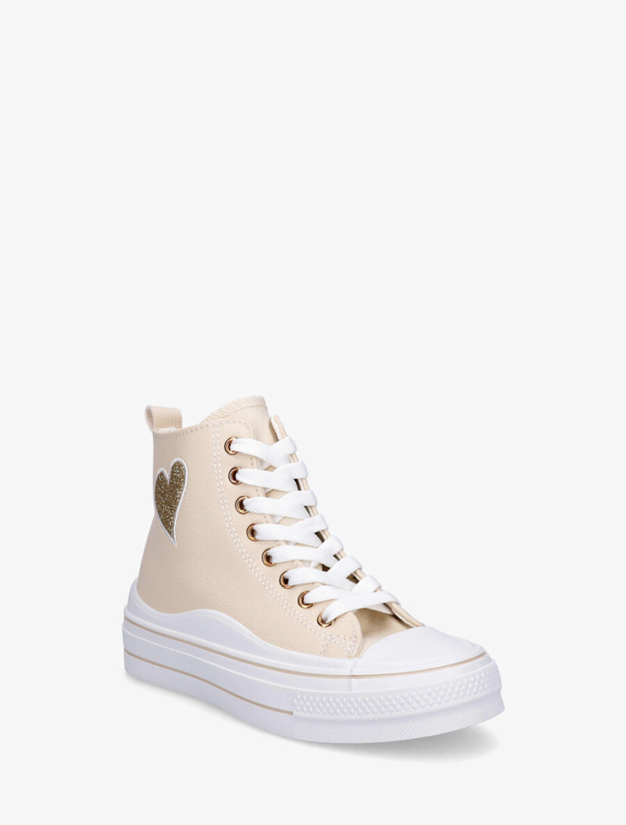 Sneakers en simili à flocage coeur - Beige - 2