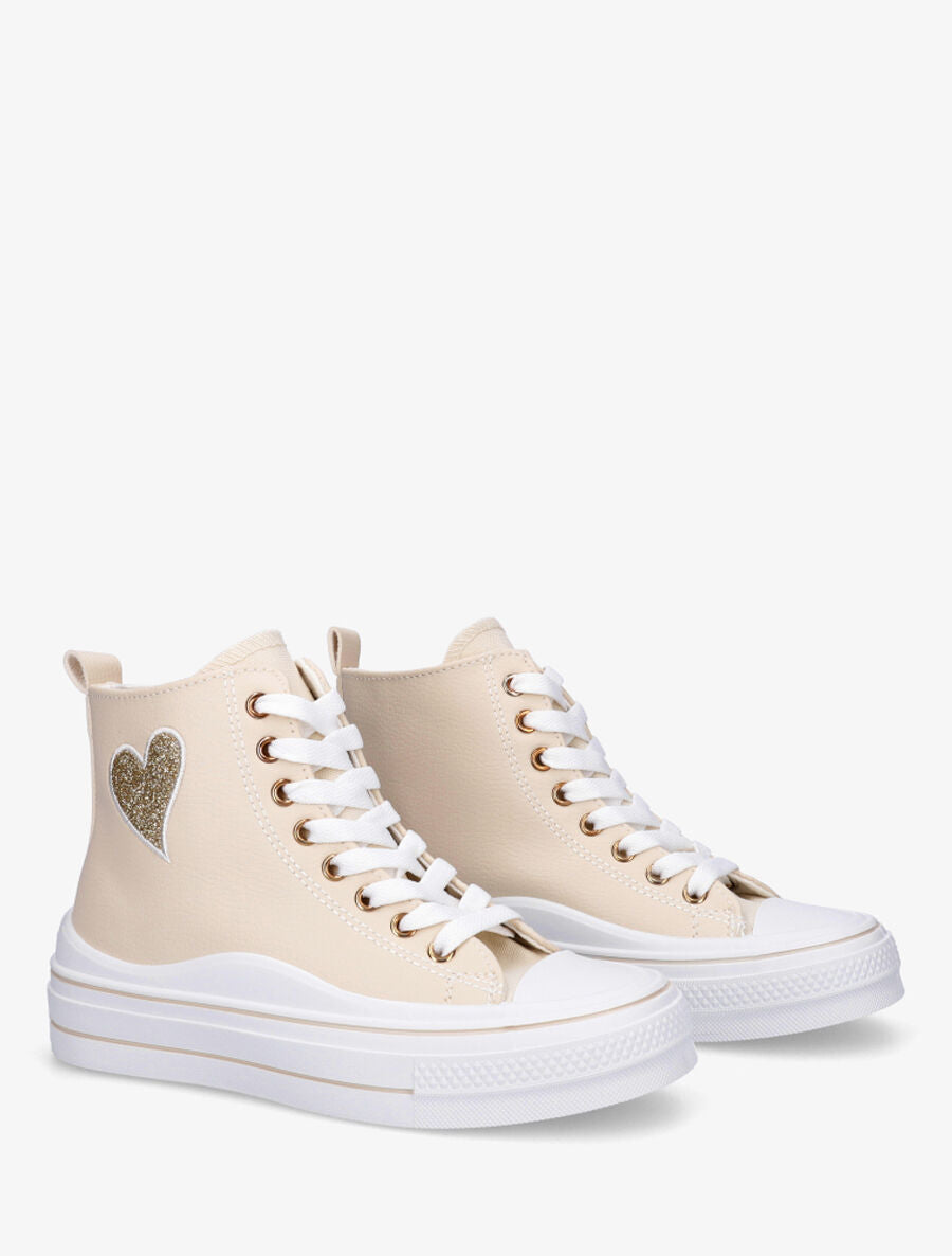 Sneakers en simili à flocage coeur - Beige - 4