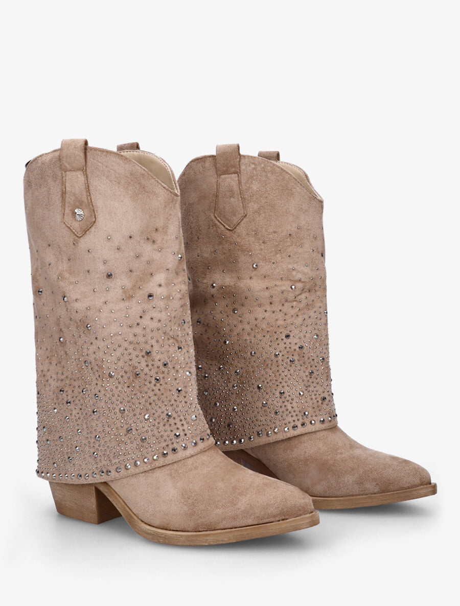 Bottines style santiags à revers strassé - Taupe - 4