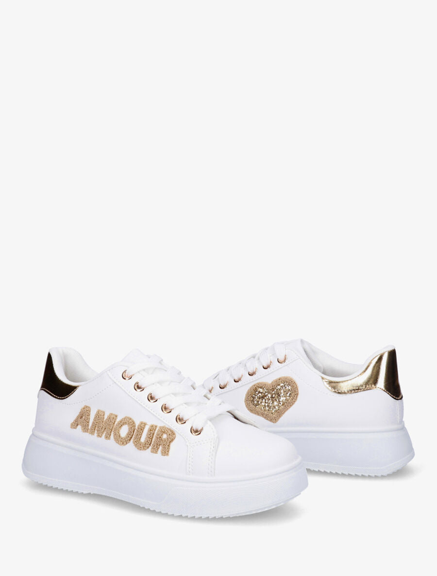 Sneakers en simili à flocage amour et coeur pailleté - Or - 4