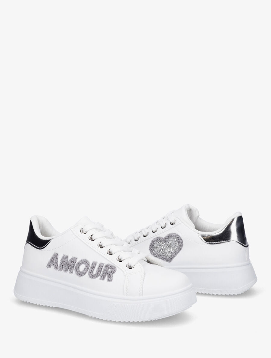 Sneakers en simili à flocage amour et coeur pailleté - Argent - 4