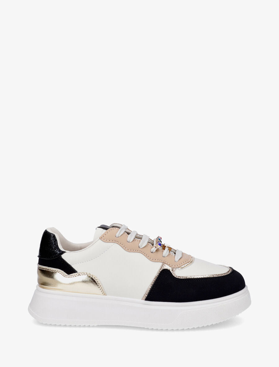 Sneakers bimatière à empiècements bijoux et strass - Noir - 1