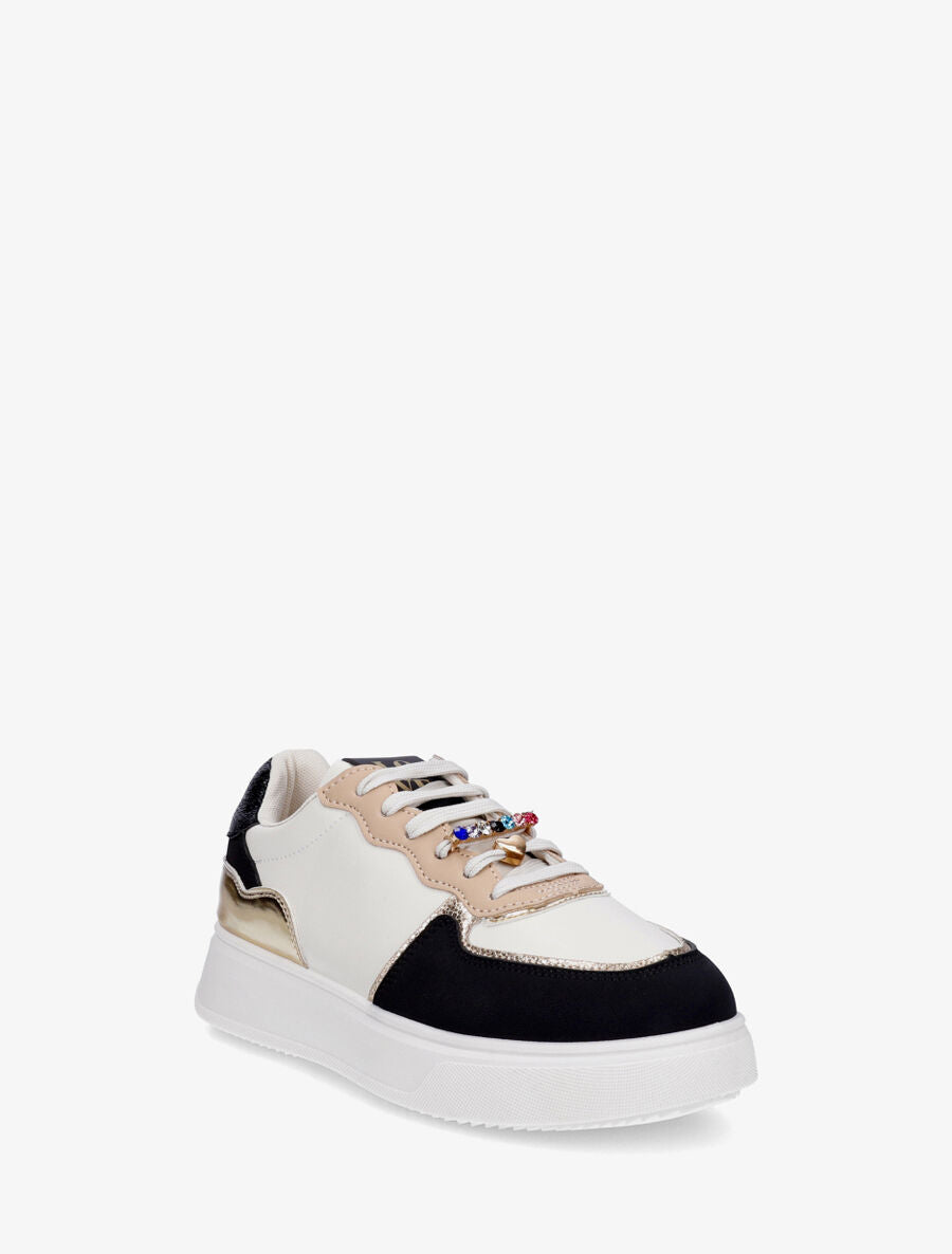 Sneakers bimatière à empiècements bijoux et strass - Noir - 2