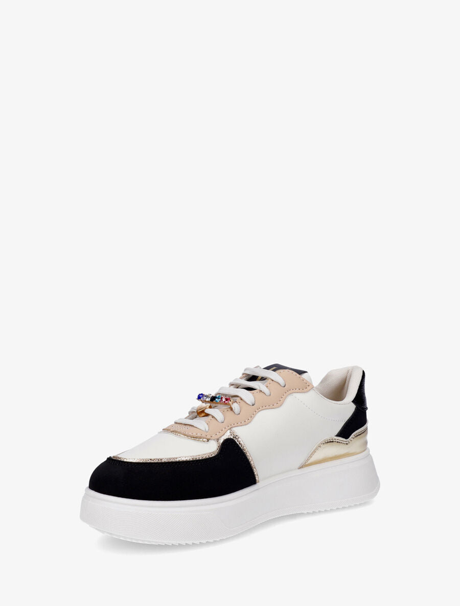 Sneakers bimatière à empiècements bijoux et strass - Noir - 3