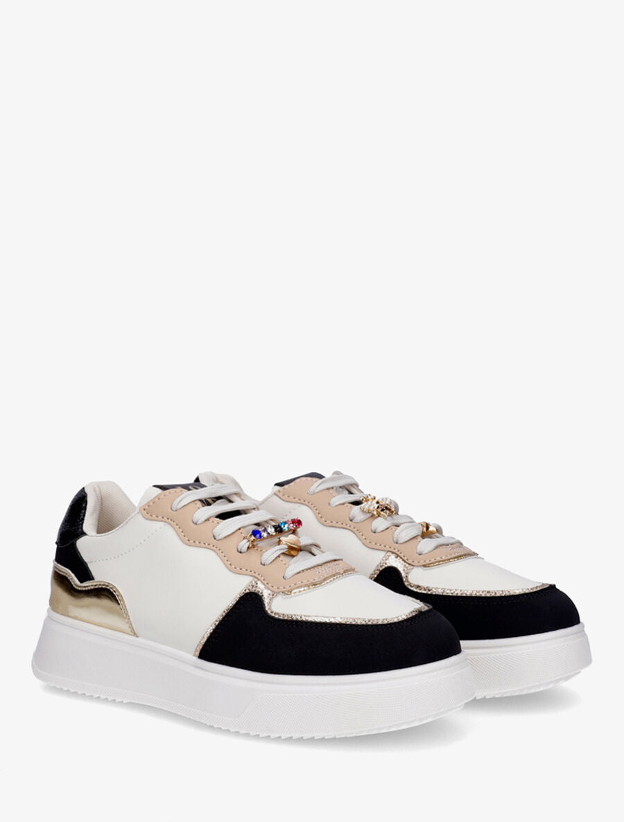 Sneakers bimatière à empiècements bijoux et strass - Noir - 4