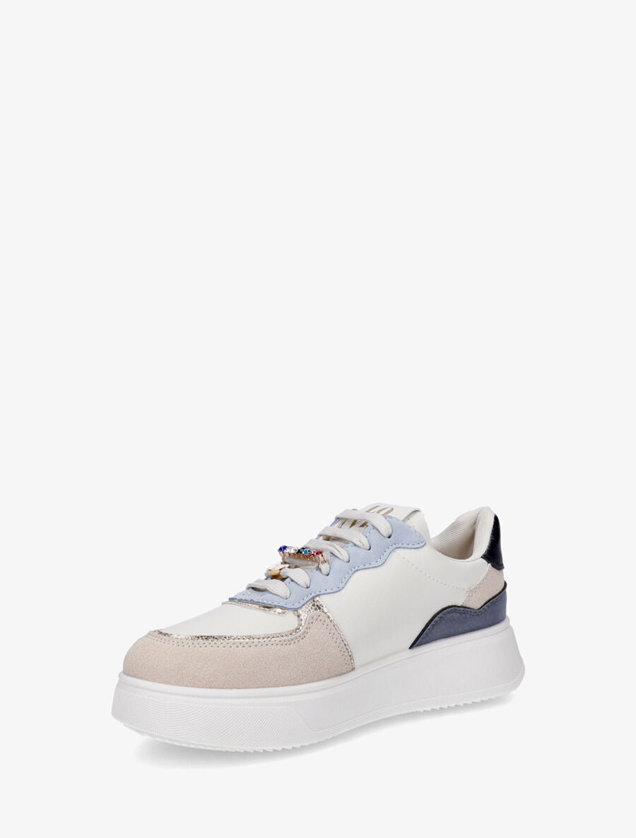 Sneakers bimatière à empiècements bijoux et strass - Bleu - 3
