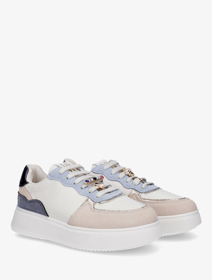 Sneakers bimatière à empiècements bijoux et strass - Bleu - 4