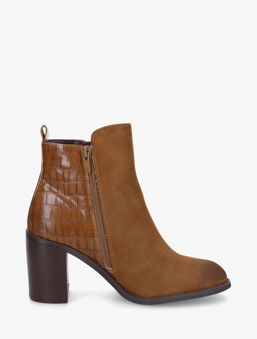 Bottines à talon et contrefort imprimé croco - Camel - 5