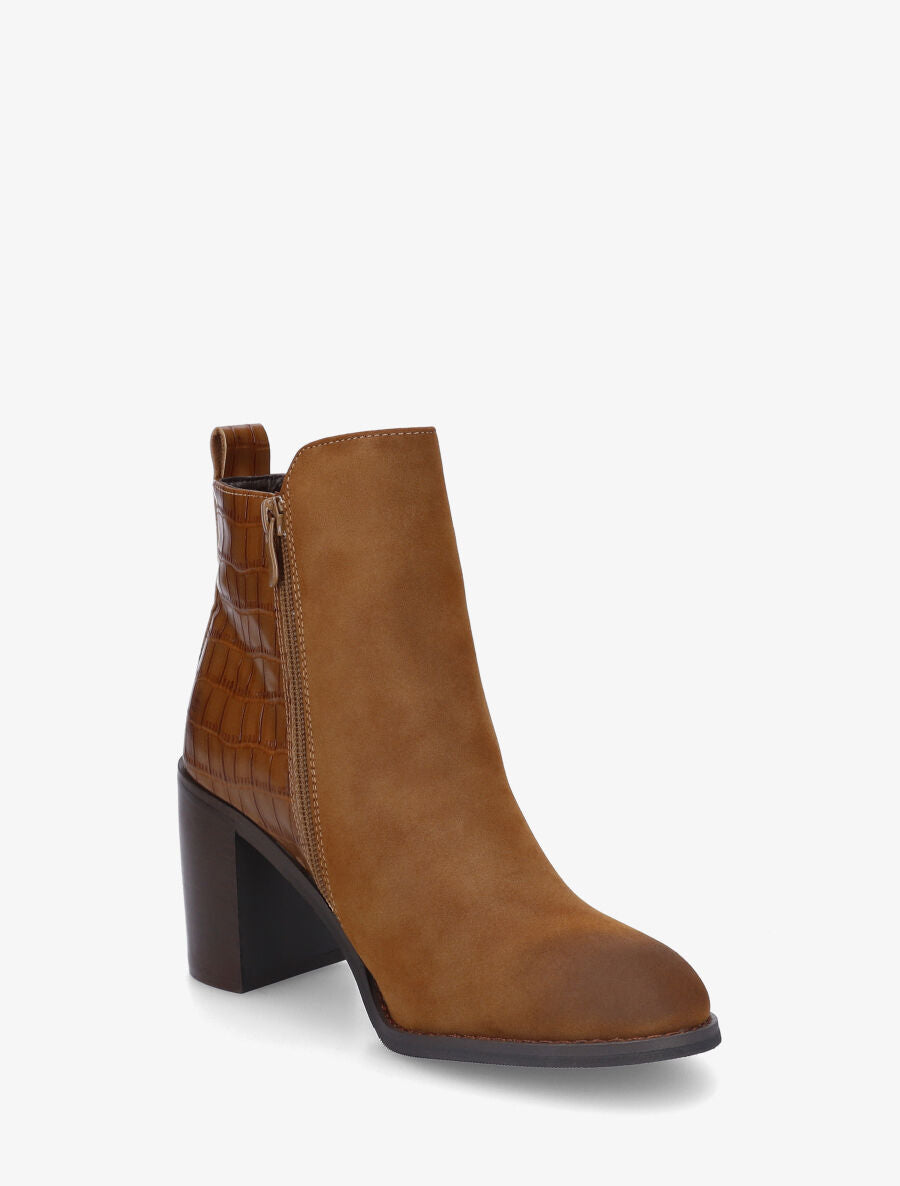 Bottines à talon et contrefort imprimé croco - Camel - 2