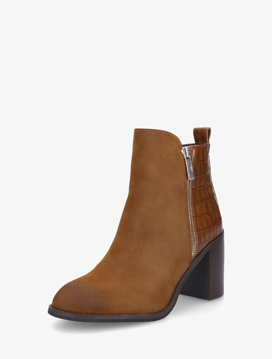 Bottines à talon et contrefort imprimé croco - Camel - 3