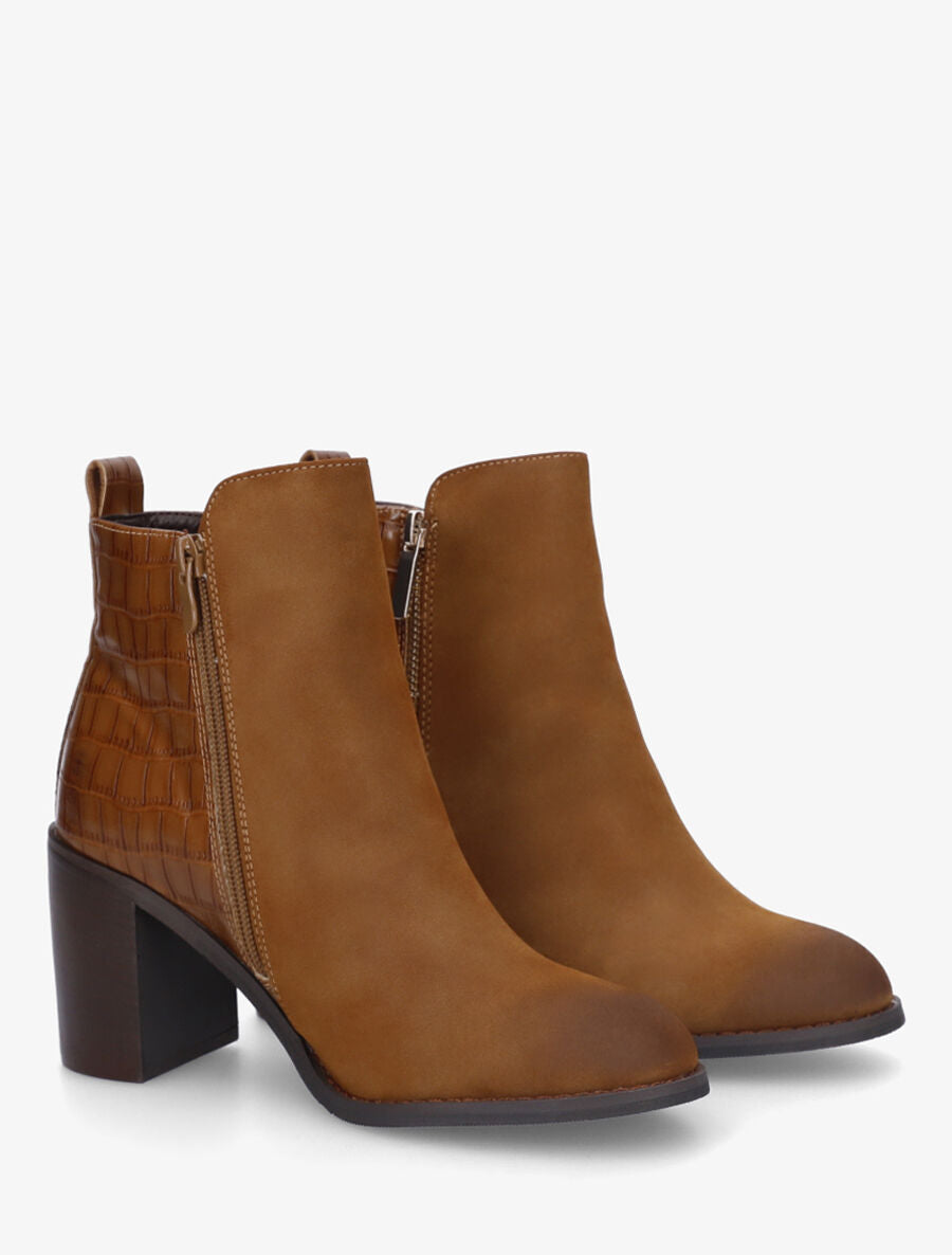 Bottines à talon et contrefort imprimé croco - Camel - 4