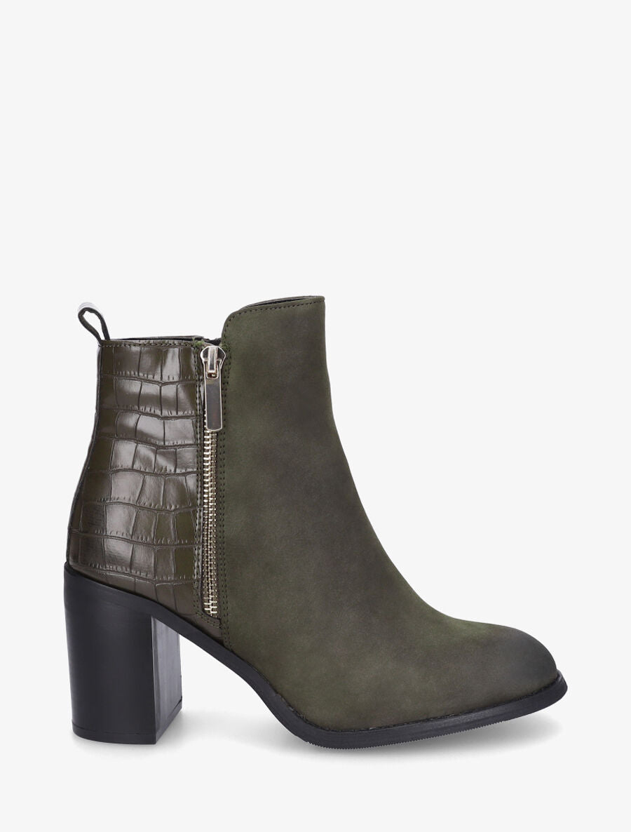 Bottines à talon et contrefort imprimé croco - Kaki - 5