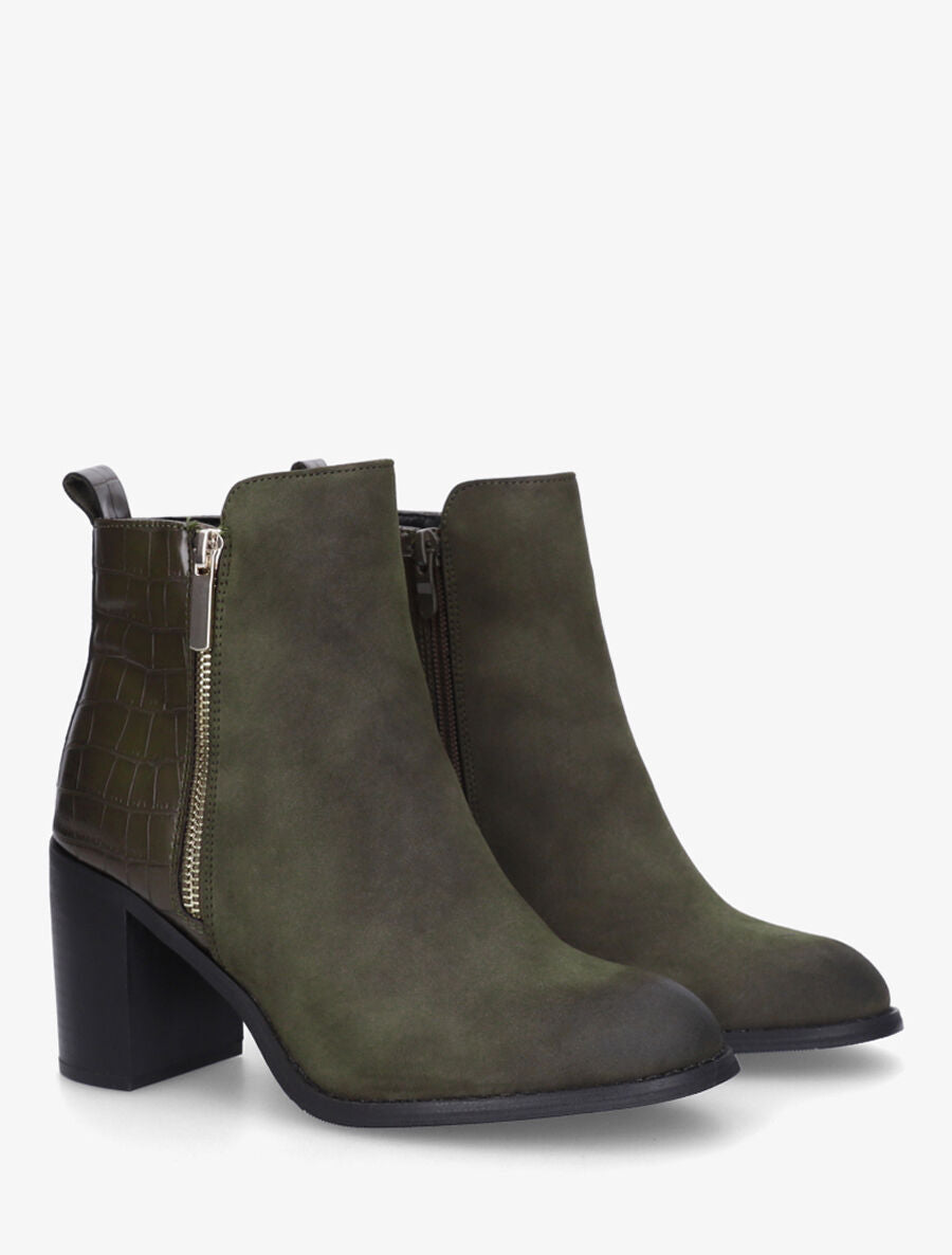 Bottines à talon et contrefort imprimé croco - Kaki - 4