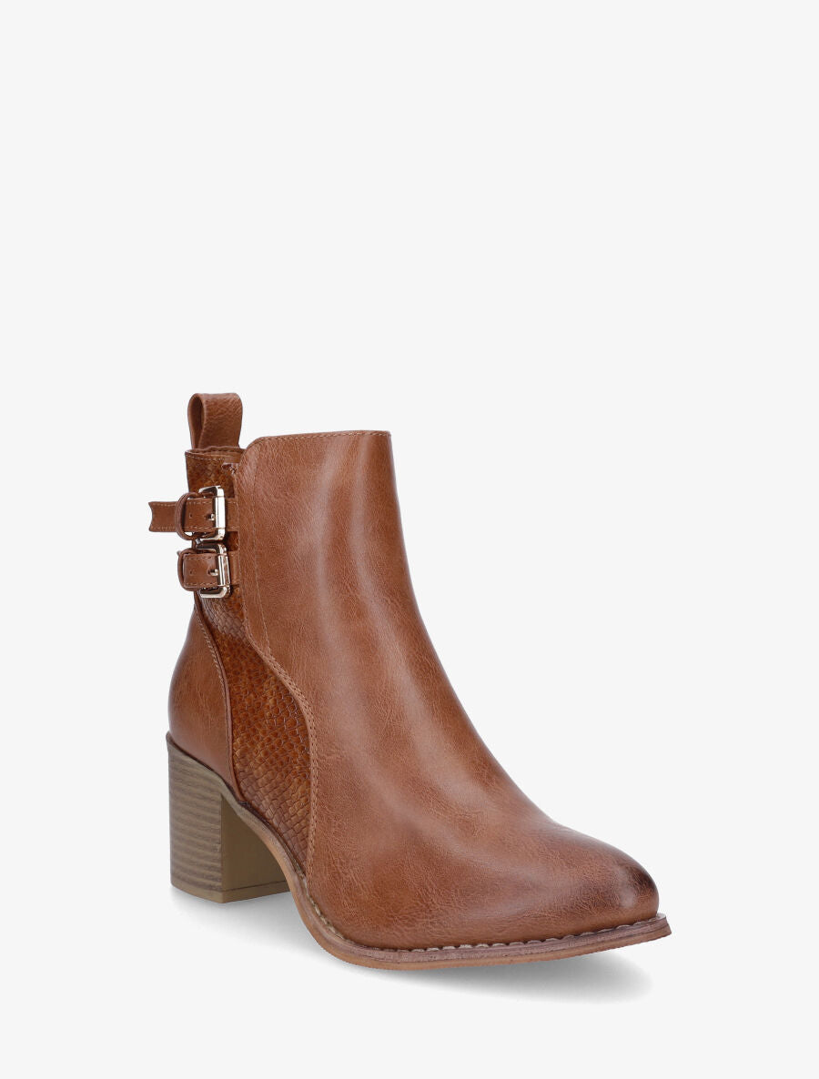 Bottines unies à détail croco - Camel - 2