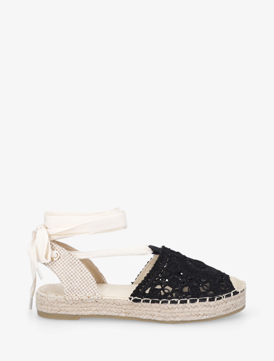 Espadrilles brodés avec liens à nouer - Noir - 5