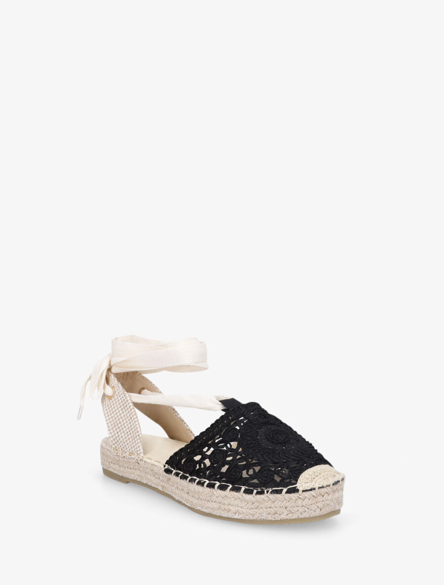 Espadrilles brodés avec liens à nouer - Noir - 2