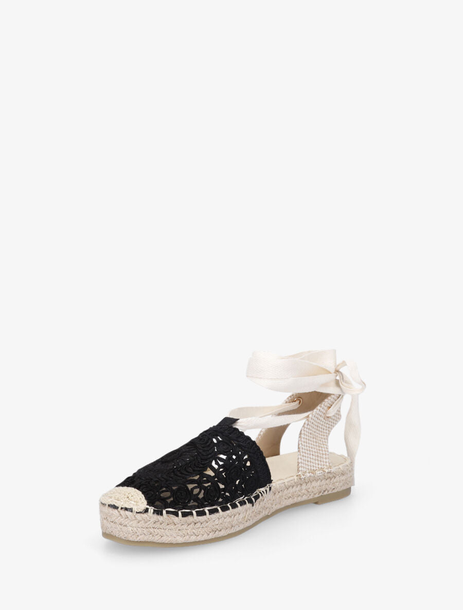 Espadrilles brodés avec liens à nouer - Noir - 3