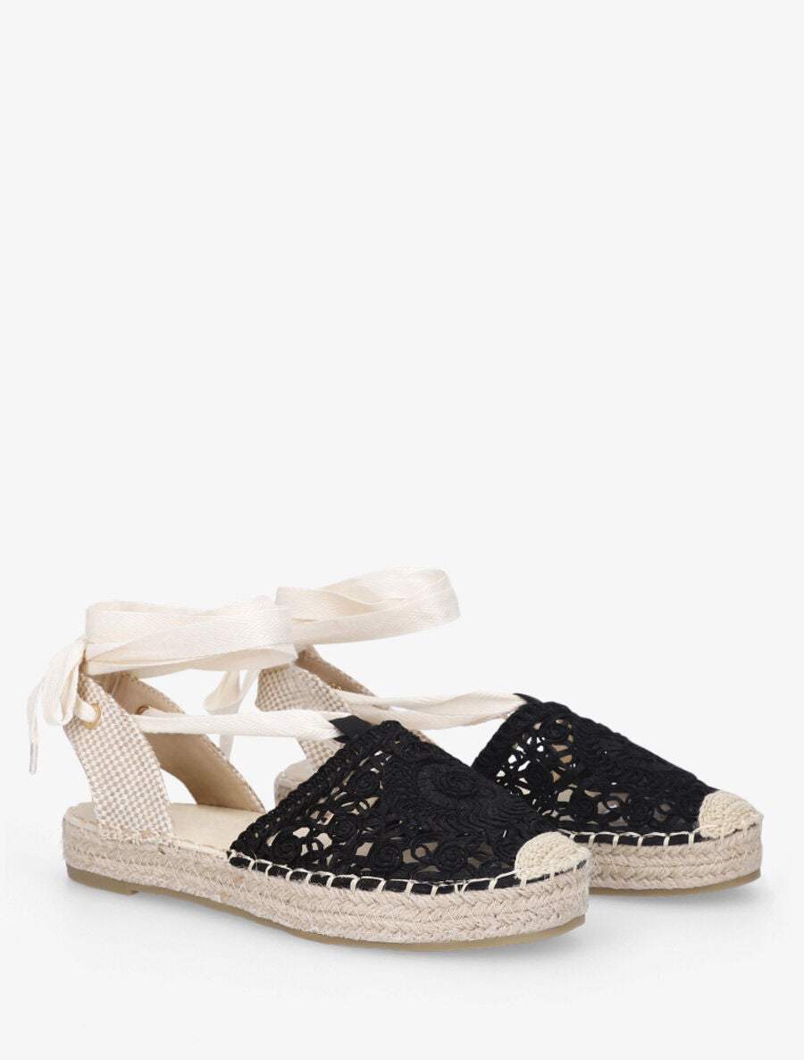 Espadrilles brodés avec liens à nouer - Noir - 4