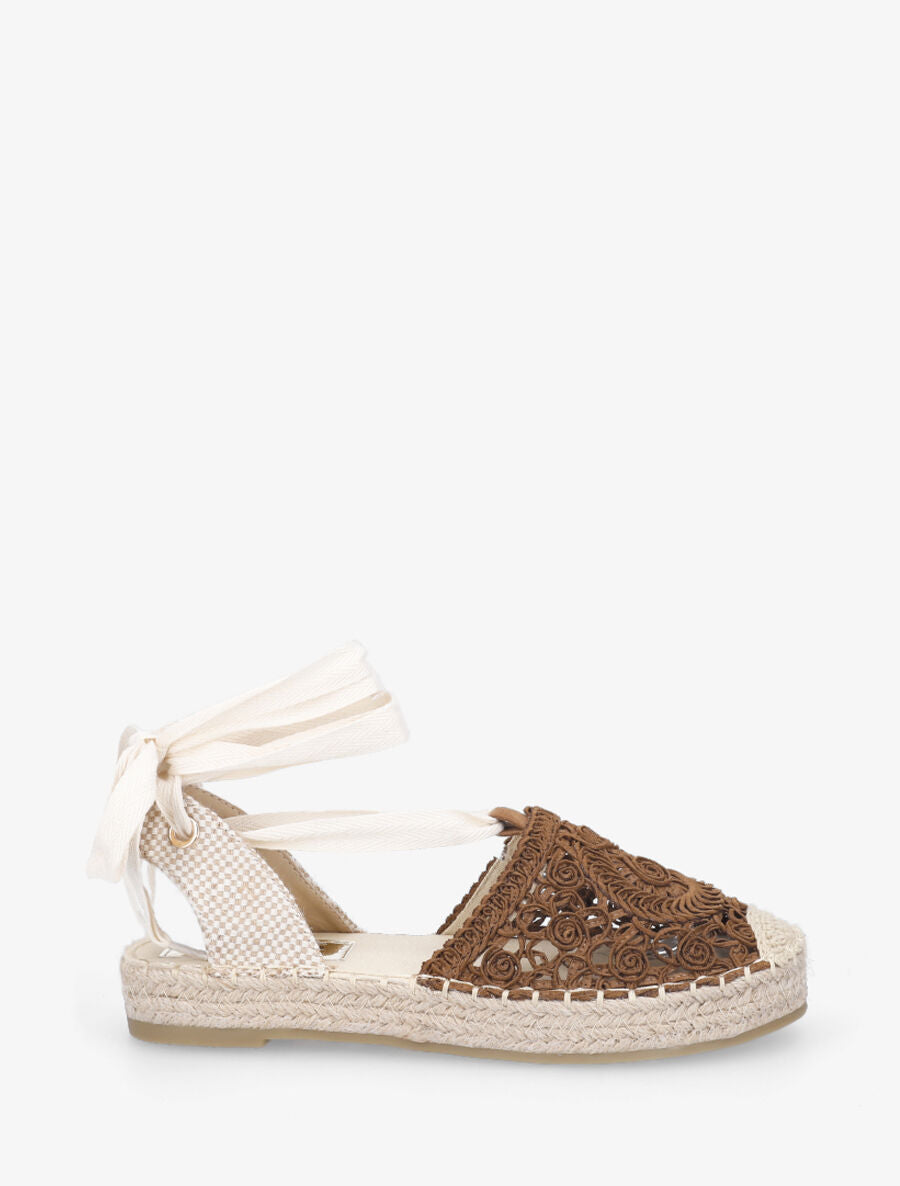 Espadrilles brodés avec liens à nouer - Camel - 5